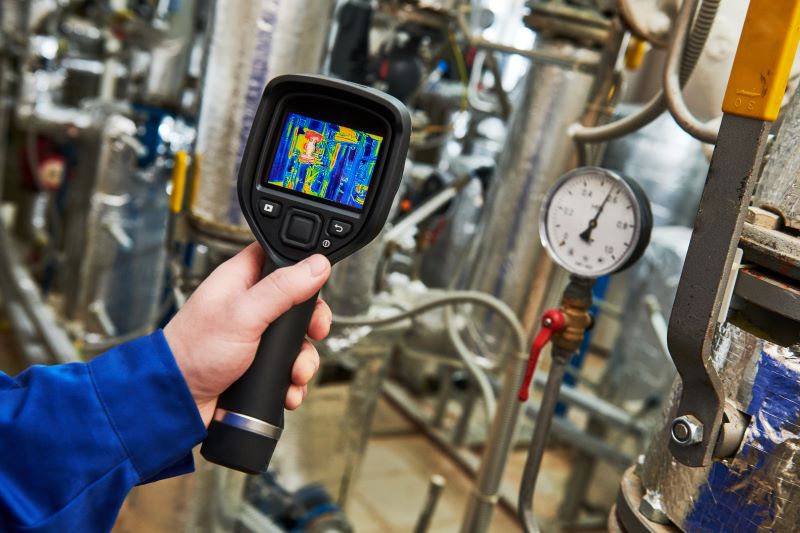 MultiService Industrial technician uses thermal imaging equipment to inspect industrial pipes.